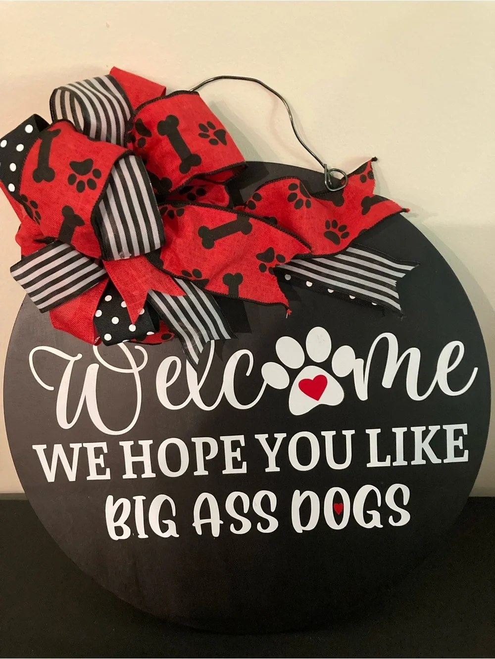 Welcome Paw Print Door Sign - Red & Black Bow - (No Brand)